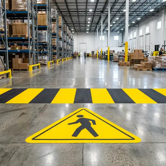 Zebra pattern and safety icon on warehouse floor