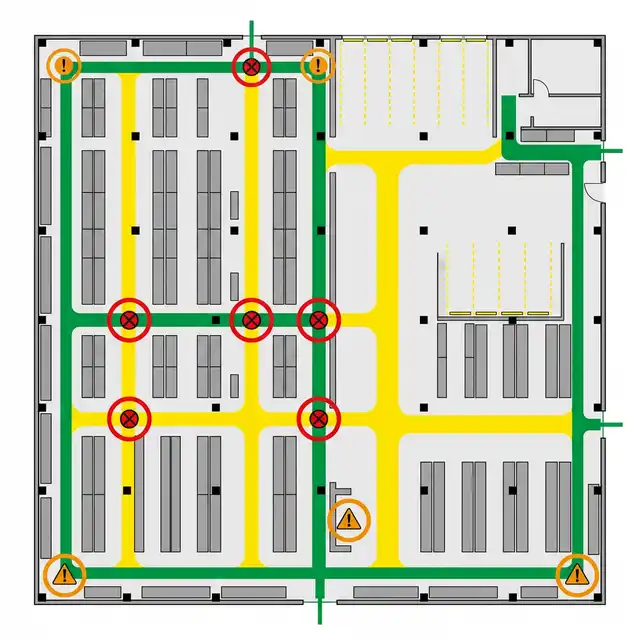 Mapa de riesgos en planta de almacén con rutas segregadas