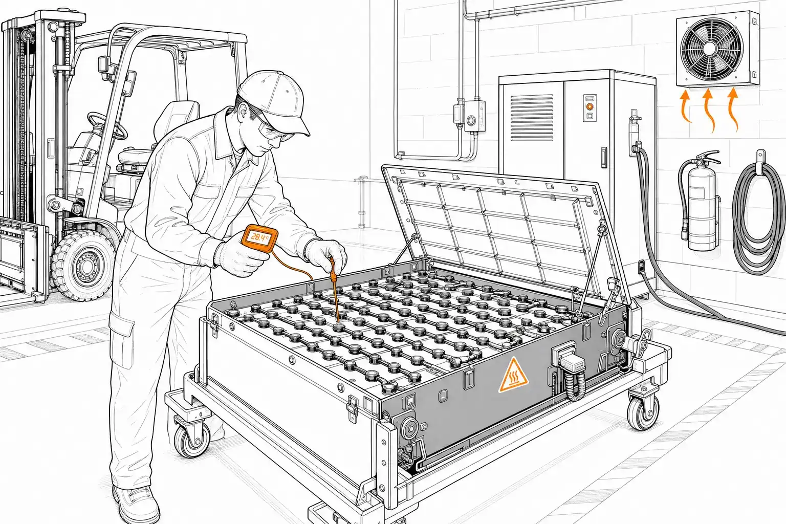 Técnico revisando con termómetro la temperatura de la batería de una carretilla en la zona de carga